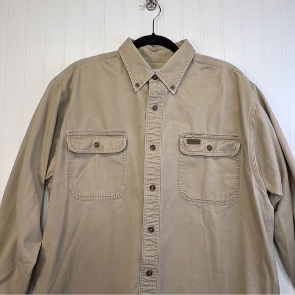 Vintage Men’s Canvas leather patch Carhartt Button up large  100% cotton - Picture 2 of 16